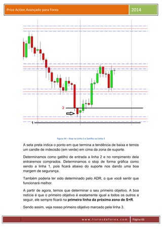 w w w . l i v r o s d e f o r e x . c o m Página 66
Price Action Avançado para Forex 2014
Figura 44 – Stop na Linha 1 e Gatilho na Linha 2
A seta preta indica o ponto em que termina a tendência de baixa e temos
um candle de indecisão (em verde) em cima da zona de suporte.
Determinamos como gatilho de entrada a linha 2 e no rompimento dela
entraremos comprados. Determinamos o stop de forma gráfica como
sendo a linha 1, pois ficará abaixo do suporte nos dando uma boa
margem de segurança.
Também poderia ter sido determinado pelo ADR, o que você sentir que
funcionará melhor.
A partir de agora, temos que determinar o seu primeiro objetivo. A boa
notícia é que o primeiro objetivo é exatamente igual a todos os outros a
seguir, ele sempre ficará na primeira linha da próxima zona de S+R.
Sendo assim, veja nosso primeiro objetivo marcado pela linha 3.
 