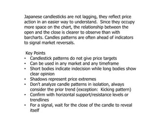 Japanese candlesticks are not lagging, they reflect price
action in an easier way to understand. Since they occupy
more space on the chart, the relationship between the
open and the close is clearer to observe than with
barcharts. Candles patterns are often ahead of indicators
to signal market reversals.

 Key Points
• Candlestick patterns do not give price targets
• Can be used in any market and any timeframe
• Short bodies indicate indecision while long bodies show
   clear opinion
• Shadows represent price extremes
• Don't analyze candle patterns in isolation, always
   consider the prior trend (exception: Kicking pattern)
• Confirm with horizontal support/resistance levels or
   trendlines
• For a signal, wait for the close of the candle to reveal
   itself
 