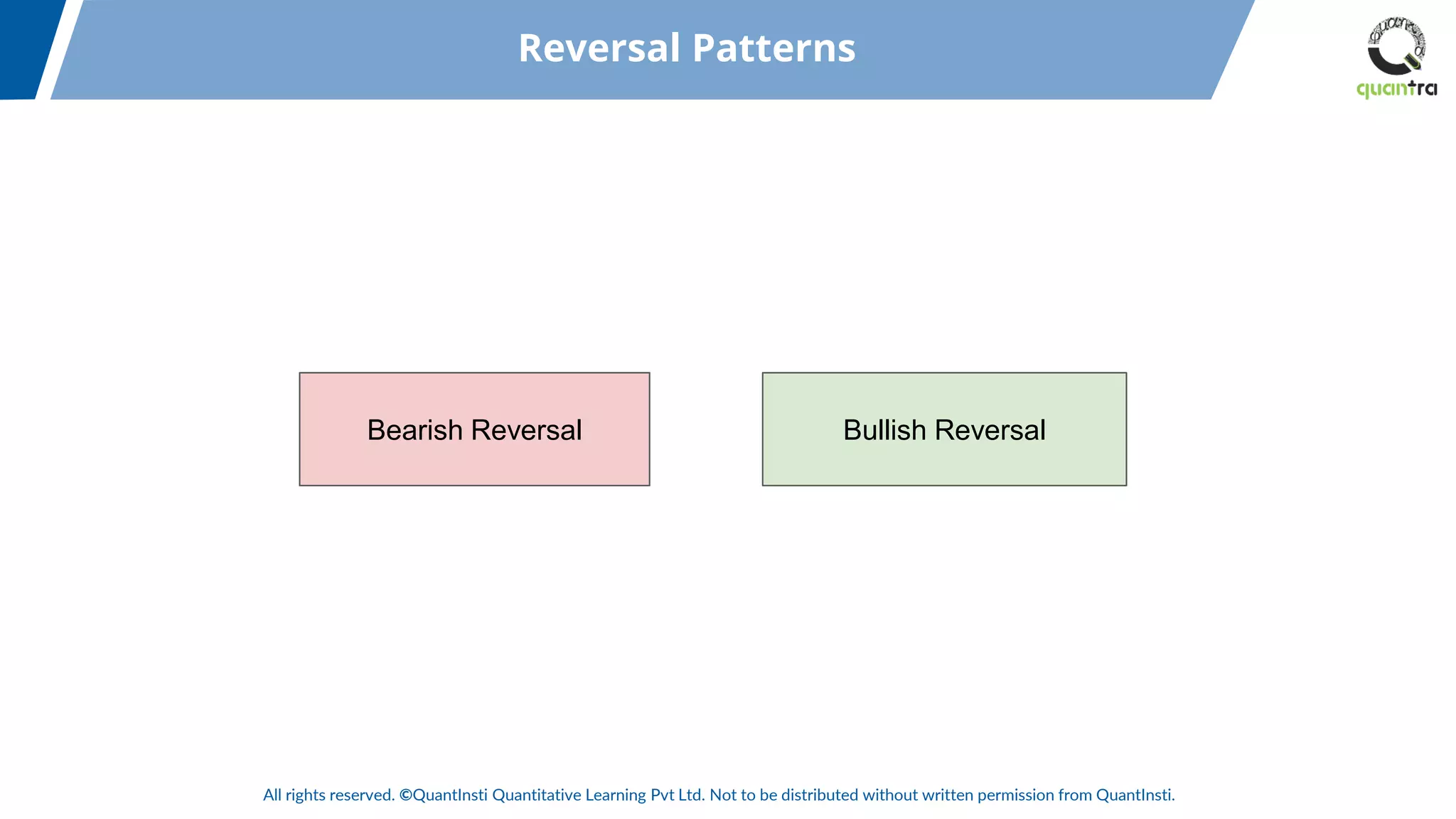 All rights reserved. ©QuantInsti Quantitative Learning Pvt Ltd. Not to be distributed without written permission from QuantInsti.
Reversal Patterns
Bearish Reversal Bullish Reversal
 