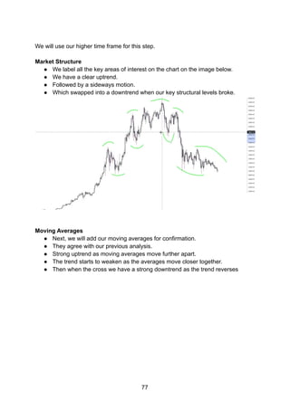 We will use our higher time frame for this step.
Market Structure
● We label all the key areas of interest on the chart on the image below.
● We have a clear uptrend.
● Followed by a sideways motion.
● Which swapped into a downtrend when our key structural levels broke.
Moving Averages
● Next, we will add our moving averages for confirmation.
● They agree with our previous analysis.
● Strong uptrend as moving averages move further apart.
● The trend starts to weaken as the averages move closer together.
● Then when the cross we have a strong downtrend as the trend reverses
77
 