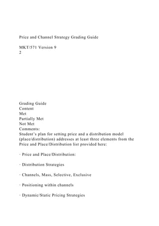 Price and Channel Strategy Grading Guide
MKT/571 Version 9
2
Grading Guide
Content
Met
Partially Met
Not Met
Comments:
Student’s plan for setting price and a distribution model
(place/distribution) addresses at least three elements from the
Price and Place/Distribution list provided here:
· Price and Place/Distribution:
· Distribution Strategies
· Channels, Mass, Selective, Exclusive
· Positioning within channels
· Dynamic/Static Pricing Strategies
 