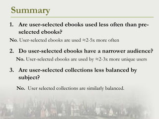 Summary<br />Are user-selected ebooks used less often than pre-selected ebooks?<br />No. User-selected ebooks are used ≈2-...