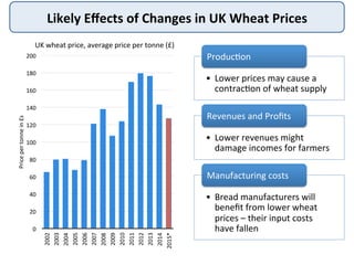 Likely	
  Eﬀects	
  of	
  Changes	
  in	
  UK	
  Wheat	
  Prices	
  
0	
  
20	
  
40	
  
60	
  
80	
  
100	
  
120	
  
140	
  
160	
  
180	
  
200	
  
2002	
  
2003	
  
2004	
  
2005	
  
2006	
  
2007	
  
2008	
  
2009	
  
2010	
  
2011	
  
2012	
  
2013	
  
2014	
  
2015*	
  
Price	
  per	
  tonne	
  in	
  £s	
  
UK	
  wheat	
  price,	
  average	
  price	
  per	
  tonne	
  (£)	
  
•  Lower	
  prices	
  may	
  cause	
  a	
  
contrac@on	
  of	
  wheat	
  supply	
  
Produc@on	
  
•  Lower	
  revenues	
  might	
  
damage	
  incomes	
  for	
  farmers	
  
Revenues	
  and	
  Proﬁts	
  
•  Bread	
  manufacturers	
  will	
  
beneﬁt	
  from	
  lower	
  wheat	
  
prices	
  –	
  their	
  input	
  costs	
  
have	
  fallen	
  
Manufacturing	
  costs	
  
 