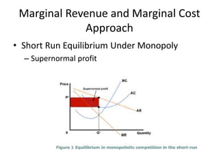 Marginal Revenue and Marginal Cost
Approach
• Short Run Equilibrium Under Monopoly
– Supernormal profit
 