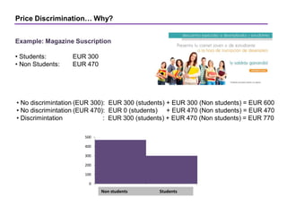 Price Discrimination… Why?
Example: Magazine Suscription
• Students: EUR 300
• Non Students: EUR 470
• No discrimintation (EUR 300): EUR 300 (students) + EUR 300 (Non students) = EUR 600
• No discrimintation (EUR 470): EUR 0 (students) + EUR 470 (Non students) = EUR 470
• Discrimintation : EUR 300 (students) + EUR 470 (Non students) = EUR 770
0
100
200
300
400
500
1 2
Non students Students
 