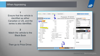 When Appraising


             1
Ensure that the vehicle is
   identified as either
Canadian or US, and the
 series is also identified.

            2
 Match the vehicle to the
      Black Book

            3
 Then go to Price Driver.
 