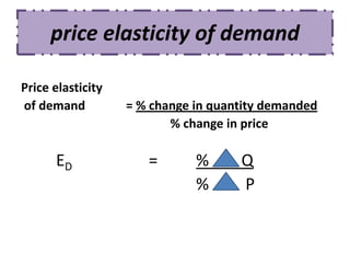 price elasticity of demand

Price elasticity
of demand          = % change in quantity demanded
                          % change in price

      ED              =       %      Q
                              %      P
 