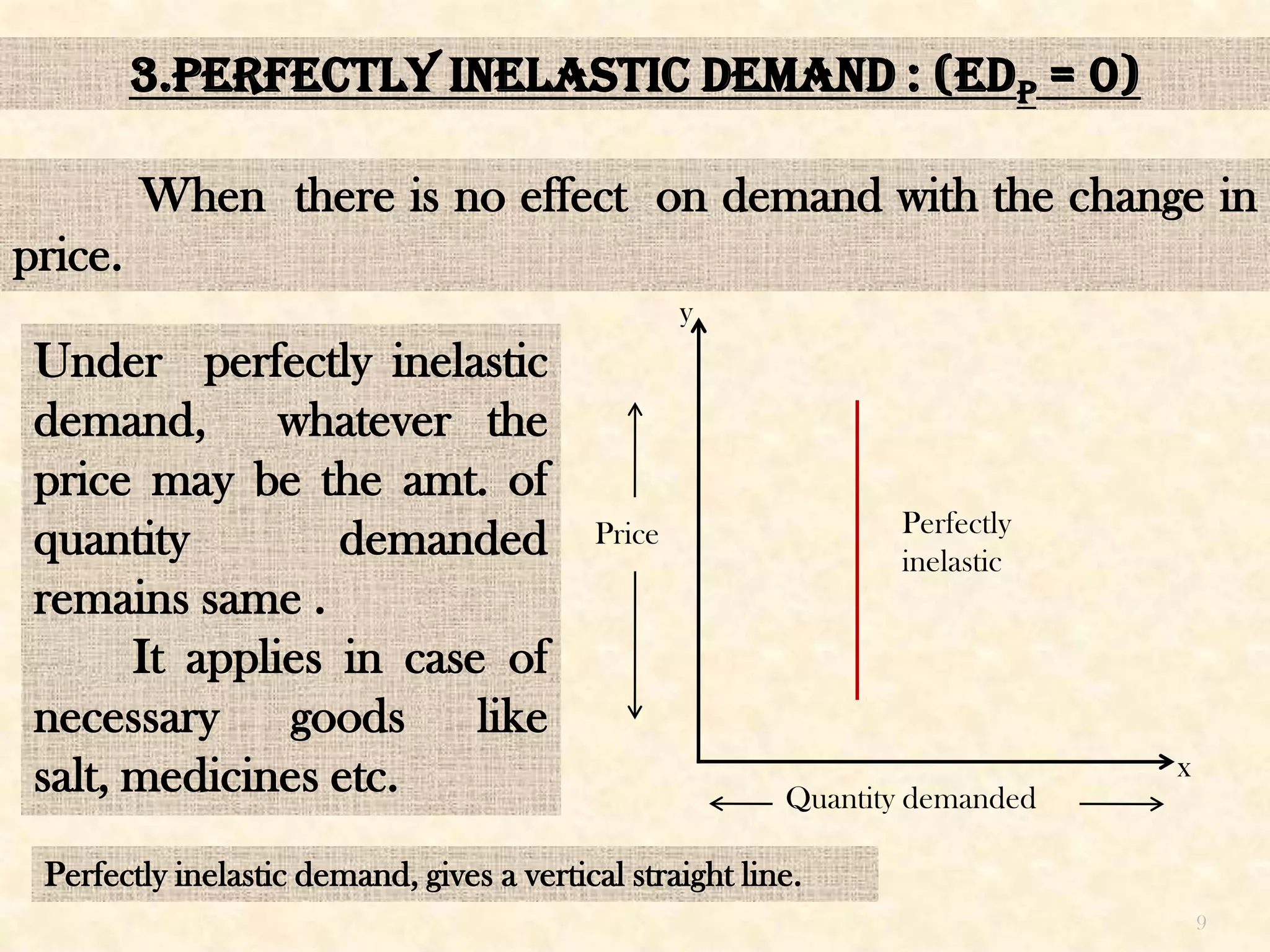 3.PERFECTLY INELASTIC DEMAND : (edp = 0)

         When there is no effect on demand with the change in
price.
                                                   y
 Under perfectly inelastic
 demand, whatever the
 price may be the amt. of
                                                                 Perfectly
 quantity         demanded                 Price
                                                                 inelastic
 remains same .
       It applies in case of
 necessary goods like
 salt, medicines etc.                                                         x
                                                          Quantity demanded

 Perfectly inelastic demand, gives a vertical straight line.
                                                                                  9
 