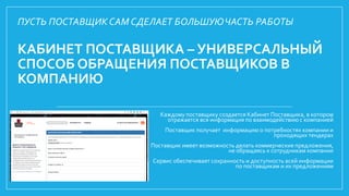 КАБИНЕТ ПОСТАВЩИКА – УНИВЕРСАЛЬНЫЙ
СПОСОБ ОБРАЩЕНИЯ ПОСТАВЩИКОВ В
КОМПАНИЮ
Каждому поставщику создается Кабинет Поставщика, в котором
отражается вся информация по взаимодействию с компанией
Поставщик получает информацию о потребностях компании и
проходящих тендерах
Поставщик имеет возможность делать коммерческие предложения,
не обращаясь к сотрудникам компании
Сервис обеспечивает сохранность и доступность всей информации
по поставщикам и их предложениям
ПУСТЬ ПОСТАВЩИК САМ СДЕЛАЕТ БОЛЬШУЮЧАСТЬ РАБОТЫ
 