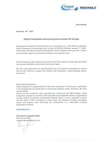 Polynt Composites - Price increase announcement - December 2017