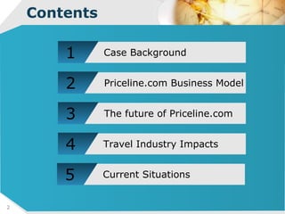 Contents 1 Case Background 2 Priceline.com Business Model 3 The future of Priceline.com 4 Travel Industry Impacts 5 Current Situations 