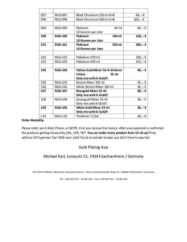 Pricelist Gold plating machines and supplies