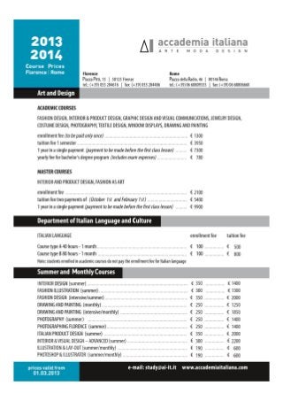 Accademia Italiana fashion and design schools initaly: Price list 2013-2014