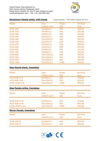 Celine Power International.S.L
http://www.celine-infrapower.com/
Plaza Sierra Castilla 33, 03177 San Fulgencio-spain
eva@celinepower.com - Tel. +34 693 482 305

Aluminium Panels white, with frame
Model

5 years warranty

-

Price without spanish Tax 21%

Size
LxWxH (cm)
30x90x2,5
30x90x2,5
60x60x2,5
60x60x2,5
30x120x2,5
60x60x2,5
60x90x2,5
60x90x2,5
60x90x2,5
60x90x2,5
60x120x2,5
60x120x2,5
60x120x2,5
60x120x2,5

Power
(W)
250
300
350
400
400
450
550
600
650
700
800
850
900
1000

VK-Price
Euro
198,00
205,00
235,00
240,00
240,00
249,00
288,00
295,00
315,00
325,00
349,00
365,00
385,00
399,00

Size
LxWxH (cm)
60x90x2,5
60x120x2,5
60x120x2,5

Power
(W)
600
800
1000

VK-Price
Euro
335,00
425,00
465,00

Model

Size
LxWxH (cm)

Power
(W)

VK-Price
Euro

VCIR-600-G-W
VCIR-800-G-W
VCIR-1000-G-W7

60x90x2,5
60x120x2,5
60x120x2,5

600
800
1000

375,00
465,00
495,00

Model

Size
LxWxH (cm)

Power
(W)

VK-Price
Euro

VCIR-400-M
VCIR-600-M

60x60x2,5
60x90x2,5

400
600

295,00
385,00

VCIR-250
VCIR-300
VCIR-350
VCIR-400
VCIR-400
VCIR-450
VCIR-550
VCIR-600
VCIR-650
VCIR-700
VCIR-800
VCIR-850
VCIR-900
VCIR-1000
Glas Panels black, frameless
Model
VCIR-600-G-B
VCIR-800-G-B
VCIR-1000-G-B
Glas Panels white, frameless

Mirror Panels, frameless

 