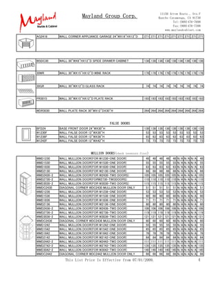 11150 Arrow Route., Ste.F
                        Mayland Group Corp.                                 Rancho Cucamonga, CA 91730
                                                                                     Tel:(909)476-7698
                                                                                     Fax:(909)476-7398
                                                                                www.maylandcabinet.com

AG2418      WALL CORNER APPLIANCE GARAGE 24"WX18"HX12"D        271 271 271 271 271 271 271 271 271




WSDC30      WALL 30"WX6"HX12"D SPICE DRAWER CABINET            138 138 138 138 138 138 138 138 138


30WR        WALL 30"WX15"HX12"D WINE RACK                      178 178 178 178 178 178 178 178 178



30GR        WALL 30"WX12"D GLASS RACK                           74    74    74    74    74     74    74    74   74


PR3015      WALL 30"WX15"HX12"D PLATE RACK                     193 193 193 193 193 193 193 193 193


WDR3030     WALL PLATE RACK 30"WX12"DX30"H                     264 264 264 264 264 264 264 264 264


                                        FALSE DOORS
BFD24       BASE FRONT DOOR 24"WX30"H                          138 138 138 138 138 138 138 138 138
W1230F      WALL FALSE DOOR 12"WX30"H                           53 53 53 53 53 53 53 53 53
W1236F      WALL FALSE DOOR 12"WX36"H                           63 63 63 63 63 63 63 63 63
W1242F      WALL FALSE DOOR 12"WX42"H                           73 73 73 73 73 73 73 73 73


                             MULLION DOORS(check   inventory first)
WMD1230     WALL MULLION DOOR(FOR W1230-ONE DOOR)               48     48    48    48    48   N/A   N/A   N/A    48
WMD1530     WALL MULLION DOOR(FOR W1530-ONE DOOR)               55     55    55    55    55   N/A   N/A   N/A    55
WMD1830     WALL MULLION DOOR(FOR W1830-ONE DOOR)               63     63    63    63    63   N/A   N/A   N/A    63
WMD2130     WALL MULLION DOOR(FOR W2130-ONE DOOR)               68     68    68    68    68   N/A   N/A   N/A    68
WMD2430-2   WALL MULLION DOOR(FOR W2430-TWO DOORS)             105    105   105   105   105   N/A   N/A   N/A   105
WMD2730-2   WALL MULLION DOOR(FORW2730-TWODOORS)               110    110   110   110   110   N/A   N/A   N/A   110
WMD3030-2   WALL MULLION DOOR(FOR W3030-TWO DOORS)             115    115   115   115   115   N/A   N/A   N/A   115
WMDC2430    DIAGONAL CORNER WDC2430 MULLION DOOR ONLY           51     51    51    51    51   N/A   N/A   N/A    51
WMD1236     WALL MULLION DOOR(FOR W1236-ONE DOOR)               53     53    53    53    53   N/A   N/A   N/A    53
WMD1536     WALL MULLION DOOR(FOR W1536-ONE DOOR)               60     60    60    60    60   N/A   N/A   N/A    60
WMD1836     WALL MULLION DOOR(FOR W1836-ONE DOOR)               71     71    71    71    71   N/A   N/A   N/A    71
WMD2136     WALL MULLION DOOR(FOR W2136-ONE DOOR)               80     80    80    80    80   N/A   N/A   N/A    80
WMD2436-2   WALL MULLION DOOR(FOR W2436-TWO DOOR)              106    106   106   106   106   N/A   N/A   N/A   106
WMD2736-2   WALL MULLION DOOR(FOR W2736-TWO DOOR)              119    119   119   119   119   N/A   N/A   N/A   119
WMD3036-2   WALL MULLION DOOR(FOR W3036-TWO DOOR)              121    121   121   121   121   N/A   N/A   N/A   121
WMDC2436    DIAGONAL CORNER WDC2436 MULLION DOOR ONLY           60     60    60    60    60   N/A   N/A   N/A    60
WMD1242     WALL MULLION DOOR(FOR W1242-ONE DOOR)               55     55    55    55    55   N/A   N/A   N/A    55
WMD1542     WALL MULLION DOOR(FOR W1542-ONE DOOR)               65     65    65    65    65   N/A   N/A   N/A    65
WMD1842     WALL MULLION DOOR(FOR W1842-ONE DOOR)               78     78    78    78    78   N/A   N/A   N/A    78
WMD2142     WALL MULLION DOOR(FOR W2142-ONE DOOR)               84     84    84    84    84   N/A   N/A   N/A    84
WMD2442-2   WALL MULLION DOOR(FOR W2442-TWO DOOR)              111    111   111   111   111   N/A   N/A   N/A   111
WMD2742-2   WALL MULLION DOOR(FOR W2742-TWO DOOR)              135    135   135   135   135   N/A   N/A   N/A   135
WMD3042-2   WALL MULLION DOOR(FOR W3042-TWO DOOR)              140    140   140   140   140   N/A   N/A   N/A   140
WMDC2442    DIAGONAL CORNER WDC2442 MULLION DOOR ONLY           66     66    66    66    66   N/A   N/A   N/A    66
               This List Price Is Effective from 07/01/2009.                                                    4
 