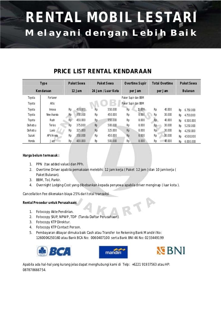 Harga Sewa Mobil Jakarta