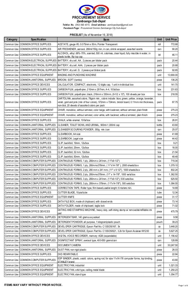 Pricelist nov. 16, 2018 ps depot
