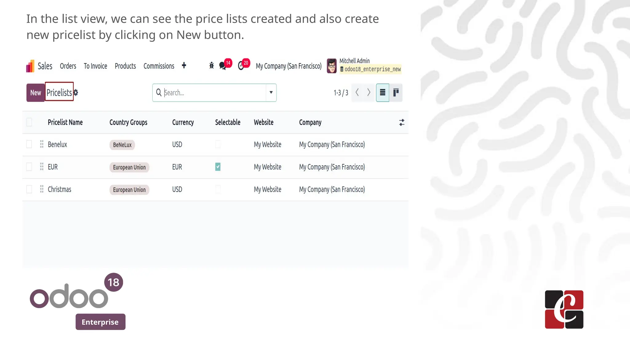 Enterprise
In the list view, we can see the price lists created and also create
new pricelist by clicking on New button.
 