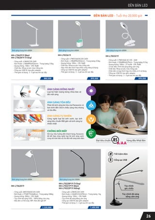 ĐÈN BÀN LED
26
ĐÈN BÀN LED - Tuổi thọ 20,000 giờ
HH-LT033619
- Công suất: 4.7W/0.06A/AC220-240V
- Kích thước: L108xW90xH526mm - Trọng lượng: 0.5kg
- Quang thông: 100lm - CRI: Ra80
- Chất liệu: Nhựa acrylic màu trắng sữa
- Hộp chân đèn thích hợp nhiều công năng sử dụng
- Cổng sạc USB 5V, bao gồm adapter
- Thời gian sử dụng: 3 - 4 giờ sau khi sạc đầy
895.000
HH-LT023219
- Công suất: 3.7W/0.06A/ AC 220 - 240V
-Kíchthước:L120xW83xH475mm-Trọnglượng:0.3kg
- Quang thông: 100lm - 27 lm/W - CRI: Ra80
- 3 mức điều chỉnh độ sáng bằng cảm ứng
- Chất liệu: Nhựa acrylic màu trắng sữa
- Chân đèn có kẹp thích hợp cho nhiều vị trí sử dụng
- Cổng sạc USB 5V, bao gồm adapter
- Thời gian sử dụng: 3 - 4 giờ sau khi sạc đầy
Ánh sáng trung tính 4000K
895.000
Ánh sáng trung tính 4000K
880.000
Ánh sáng trung tính 4000K
HH-LT062919 (Đen)
HH-LT062819 (Trắng)
- Công suất: 4.5W/AC220-240V
- Kích thước: L108xW90xH526mm - Trọng lượng: 0.5kg
- Quang thông: 150lm - CRI: Ra80
- Chất liệu: Nhựa acrylic màu trắng sữa
- Cổng sạc USB 5V, bao gồm adapter
- Thời gian sử dụng: 3 - 4 giờ sau khi sạc đầy
HH-LT062019
- Công suất: 6W/0.05A/AC220-240V
-Kíchthước:L177xW177xH468mm-Trọnglượng:0.86kg
- Quang thông: 300lm - CRI: Ra80
- Tùy chỉnh độ sáng (10% - 100%) bằng cảm ứng
- Đầu đèn có thể xoay 1800, thân đèn gật 450
1.320.000
HH-LT0220P19 (Trắng)
HH-LT0221P19 (Đen)
HH-LT0222P19 (Hồng)
- Công suất: 4.5W/AC220-240V
- Kích thước: L160xW147xH370mm - Trọng lượng: 1kg
- Quang thông: 150lm - CRI: Ra80
- Tùy chỉnh độ sáng bằng cảm ứng
- Cổng sạc USB 5V, bao gồm adapter
- Thời gian sử dụng: 3 - 4 giờ sau khi sạc đầy
1.400.000
Ánh sáng trung tính 5000K
Ánh sáng trung tính 4000K
ÁNH SÁNG ĐỒNG NHẤT
Loại bỏ hiện tượng bóng nhòa bảo vệ
đôi mắt sáng
CHỐNG MỎI MẮT
Với mục tiêu hướng đến khách hàng, Panasonic
đã kết hợp công nghệ loại bỏ ánh sáng xanh
cùng với màn bảo vệ cho đôi mắt sáng toàn diện.
ÁNH SÁNG TỎA ĐỀU
Phân bổ ánh sáng lan tỏa của Panasonic có
bán kính đến 50cm chiếu sáng nhẹ nhàng
và tỏa đều
ÁNH SÁNG TỰ NHIÊN
Công nghệ loại bỏ ánh xanh, tạo ánh
sáng tiêu chuẩn R80 gần với ánh sáng tự
nhiên nhất
Đạt tiêu chuẩn hàng đầu Nhật Bản
Tùy chỉnh
góc chiếu
Tùy chỉnh độ sáng
bằng cảm ứng
Tiết kiệm điện
Cổng sạc USB
 