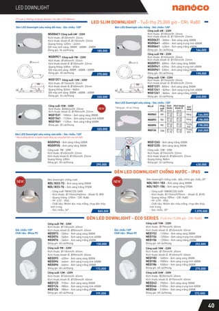 LED DOWNLIGHT
LED SLIM DOWNLIGHT - Tuổi thọ 25,000 giờ - CRI: Ra80
40
NSD0631
NSD0641
NSD0661
NSD0931
NSD0941
NSD0961
NSD1231
NSD1241
NSD1261
Công suất 6W - 220V
- 360lm - Ánh sáng vàng 3000K
- 400lm - Ánh sáng trung tính 4000K
- 420lm - Ánh sáng trắng 6500K
Công suất 9W - 220V
- 600lm - Ánh sáng vàng 3000K
- 620lm - Ánh sáng trung tính 4000K
- 630lm - Ánh sáng trắng 6500K
Công suất 12W - 220V
- 800lm - Ánh sáng vàng 3000K
- 820lm - Ánh sáng trung tính 4000K
- 840lm - Ánh sáng trắng 6500K
Kích thước khoét lỗ: Ø160mm/H: 22mm
Kích thước khoét lỗ: Ø135mm/H: 22mm
Kích thước khoét lỗ: Ø110mm/H: 22mm
164.000
198.000
240.000
Đóng gói: 36 cái/thùng
Đóng gói: 30 cái/thùng
Đóng gói: 24 cái/thùng
khoét lỗ
Kích thước: Ø120mm/H: 22mm
Kích thước: Ø145mm/H: 22mm
Kích thước: Ø174mm/H: 22mm
Đèn LED Downlight siêu mỏng đổi màu - Góc chiếu: 1200 Đèn LED Downlight siêu mỏng - Góc chiếu: 1200
Kích thước: Ø145mm/H: 22mm
Kích thước khoét lỗ: Ø135mm/H: 22mm
Quang thông: 630lm - 693lm
Đổi màu ánh sáng: 3000K - 4000K - 6500K
Đóng gói: 30 cái/thùng
Công suất 9W - 220V
NSD09C1
Công suất 6W - 220V
NSD06C1
Kích thước: Ø120mm/H: 22mm
Kích thước khoét lỗ: Ø110mm/H: 22mm
Quang thông: 420lm - 462lm
Đổi màu ánh sáng: 3000K - 4000K - 6500K
Đóng gói: 36 cái/thùng
Kích thước: Ø174mm/H: 22mm
Kích thước khoét lỗ: Ø160mm/H: 22mm
Quang thông: 824lm - 840lm
Đổi màu ánh sáng: 3000K - 4000K - 6500K
Đóng gói: 24 cái/thùng
Công suất 12W - 220V
NSD12C1
khoét lỗ
185.000
270.000
320.000
Công suất 15W - 220V
NSD1531 - 1050lm - Ánh sáng vàng 3000K
NSD1541 - 1125lm - Ánh sáng trung tính 4000K
NSD1561 - 1125lm - Ánh sáng trắng 6500K
Kích thước khoét lỗ: Ø190mm/H: 22mm
Đóng gói: 20 cái/thùng
Kích thước: Ø200mm/H: 22mm
320.000
ĐÈN LED DOWNLIGHT - ECO SERIES
Góc chiếu 1200
Chất liệu : Nhựa PC
Góc chiếu 1200
Chất liệu : Nhựa PC
199.000
Công suất 12W - 220V
NED123 - 910lm - Ánh sáng vàng 3000K
NED124 - 980lm - Ánh sáng trung tính 4000K
NED126 - 980lm - Ánh sáng trắng 6500K
Kích thước khoét lỗ: Ø120mm/H: 45mm
Đóng gói: 40 cái/thùng
Kích thước: Ø140mm/H: 45mm
252.000
Công suất 15W - 220V
NED153 - 1150lm - Ánh sáng vàng 3000K
NED154 - 1250lm - Ánh sáng trung tính 4000K
Kích thước khoét lỗ: Ø145mm/H: 45mm
NED156 - 1250lm - Ánh sáng trắng 6500K
Đóng gói: 40 cái/thùng
Kích thước: Ø170mm/H: 45mm
372.000
Công suất 24W - 220V
NED243 - 1950lm - Ánh sáng vàng 3000K
NED244 - 2100lm - Ánh sáng trung tính 4000K
NED246 - 2100lm - Ánh sáng trắng 6500K
Kích thước khoét lỗ: Ø195mm/H: 45mm
Đóng gói: 40 cái/thùng
Kích thước: Ø220mm/H: 45mm
Công suất 9W - 220V
NED093 - 620lm - Ánh sáng vàng 3000K
NED094 - 666lm - Ánh sáng trung tính 4000K
NED096 - 666lm - Ánh sáng trắng 6500K
172.000
Kích thước khoét lỗ: Ø90mm/H: 45mm
Đóng gói: 40 cái/thùng
Kích thước: Ø110mm/H: 45mm
Công suất 7W - 220V
NED073 - 520lm - Ánh sáng vàng 3000K
NED074 - 560lm - Ánh sáng trung tính 4000K
NED076 - 560lm - Ánh sáng trắng 6500K
150.000
Kích thước khoét lỗ: Ø90mm/H: 45mm
Đóng gói: 40 cái/thùng
Kích thước: Ø110mm/H: 45mm
275.000
Công suất 18W - 220V
NED183 - 1400lm - Ánh sáng vàng 3000K
NED184 - 1500lm - Ánh sáng trung tính 4000K
NED186 - 1500lm - Ánh sáng trắng 6500K
Kích thước khoét lỗ: Ø145mm/H: 45mm
Đóng gói: 40 cái/thùng
Kích thước: Ø170mm/H: 45mm
ĐÈN LED DOWNLIGHT CHỐNG NƯỚC - IP65
865.000
NDL1833-73 - Ánh sáng vàng 3000K
NDL1833-76 - Ánh sáng trắng 5700K
Đèn downlight chống nước
- Công suất 7W/AC220-240V
- Kích thước: Ø110mm/H60mm - Khoét lỗ: Ø90
- Quang thông: 470lm - CRI: Ra84
- PF: 0.57 - IP65
- Chất liệu: Nhôm đúc màu trắng, chụp đèn thủy
tinh trong
- Góc chiếu: 36°
1.070.000
NDL1831-103 - Ánh sáng vàng 3000K
NDL1831-106 - Ánh sáng trắng 5700K
Đèn downlight chống nước, điều chỉnh góc chiếu 20°
- Công suất 10W/AC220-240V
- Kích thước: Ø115mm/H75mm - Khoét lỗ: Ø105
- Quang thông: 709lm - CRI: Ra83
- PF: 0.99 - IP65
- Chất liệu: Nhôm đúc màu trắng, chụp đèn thủy
tinh trong
- Góc chiếu: 39°
(Tuổi thọ 15,000 giờ - CRI: Ra80)
Đèn LED Downlight siêu mỏng cảm biến - Góc chiếu: 1200
Công suât: 9W - 220V
Kích thước: Ø145mm/H: 22mm
Kích thước khoét lỗ: Ø135mm/H: 22mm
Quang thông: 630lm
Đóng gói: 30 cái/thùng
NSD096S - Ánh sáng trắng 6500K
NSD093S - Ánh sáng vàng 3000K
395.000
Công suât: 12W - 220V
Kích thước: Ø174mm/H: 22mm
Kích thước khoét lỗ: Ø160mm/H: 22mm
Quang thông: 840lm
Đóng gói: 24 cái/thùng
NSD126S - Ánh sáng trắng 6500K
NSD123S - Ánh sáng vàng 3000K
430.000
* Đèn tự động bật khi có người chuyển động vào vùng phát hiện của cảm biến
Đèn LED Downlight siêu mỏng - Góc chiếu: 1200
* Đóng gói : 40 cái / thùng
NSD093 9W Vàng
Ø135
H:30
Ø145
H:30
NSD063 6W Vàng
Ø110
H:30
Ø120
H:30 164.000
198.000
Mã số
NSD124
Công
suất
(W)
12W
Trung
tính
Kích thước
khoét lỗ Ánh
sáng
Kích
thước
(mm) (mm)
Ø160
H:30
Ø174
H:30
NSD094 9W
Trung
tính
Ø145
H:30
Ø135
H:30 198.000
240.000
(*) Lưu ý: Không sử dụng dimmer cho đèn LED Nanoco
 