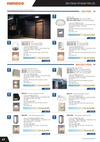 ĐÈN TRẦN
ĐÈN GẮN TƯỜNG
ĐÈN TRANG TRÍ NGOÀI TRỜI LED
49
*Giá bán đã bao gồm VAT
(*) Lưu ý: Không sử dụng dimmer cho đèn LED Nanoco
NSDL2236-203 - Ánh sáng vàng 3000K
NSDL2236-206 - Ánh sáng trắng 5700K
Đèn downlight trụ LED
1.580.000
- Công suất 20W/AC200-240V
- Kích thước: Ø95mm/H105mm - Trọng lượng: 1.0kg
- Quang thông: 1616lm - CRI: Ra83
- PF: 0.53
- Chất liệu: Nhôm đúc, màu trắng chụp đèn thủy tinh
trong
- Góc chiếu: 34°
1.210.000
NSDL2236-73 - Ánh sáng vàng 3000K
NSDL2236-76 - Ánh sáng trắng 6000K
Đèn downlight trụ LED
- Công suất 7W/AC200-240V
- Kích thước: Ø90mm/H95mm - Trọng lượng: 0.8kg
- Quang thông: 581lm - CRI: Ra82
- PF: 0.53
- Chất liệu: Nhôm đúc màu trắng, chóa đèn thủy
tinh trong
- Góc chiếu: 17°
Ánh sáng vàng 3000K
Ánh sáng trắng 6000K Ánh sáng vàng 3000K
Ánh sáng trắng 5700K
1.680.000
- Công suất 15W/AC200-240V
- Kích thước: Ø280mm/H63mm - Trọng lượng: 1.8kg
- Quang thông: 1266lm - CRI: Ra84
- PF: 0.93
- Chất liệu: Nhôm đúc màu xám, nắp chụp nhựa
trắng sữa
- Góc chiếu: 116°
NCL1331/ NCL1333 - Ánh sáng vàng 3000K
NCL1331-6/ NCL1333-6 - Ánh sáng trắng 6000K
Đèn trần LED
Ánh sáng vàng 3000K
Ánh sáng trắng 6000K
IP
54
IP
54
IP
54
1.150.000
NBL2553 (Màu trắng) - Ánh sáng vàng 3000K
Đèn gắn tường ngoài trời LED
NBL2553S (Màu bạc) - Ánh sáng vàng 3000K
- Công suất 9W/AC200-240V
- Kích thước: L109xW63xH173mm - Trọng lượng: 0.6kg
- Quang thông: 160lm - CRI: Ra80
- PF: 0.93
- Chất liệu: Nhôm đúc màu trắng/bạc, chóa đèn
thủy tinh trong
- Góc chiếu: 15°/75°
NBL2553-6 (Màu trắng) - Ánh sáng trắng 6000K
860.000
- Công suất 7W/AC200-240V
- Kích thước: L82xW58xH82mm - Trọng lượng: 0.4kg
- Quang thông: 218lm - CRI: Ra85
- PF: 0.9
- Chất liệu: Nhôm đúc màu xám nhạt, chóa đèn
nhựa trong
- Góc chiếu: 96°
NBL2891 - Ánh sáng vàng 3000K
NBL2891-6 - Ánh sáng trắng 6000K
Đèn gắn tường ngoài trời LED
Ánh sáng vàng 3000K
Ánh sáng trắng 6000K Ánh sáng vàng 3000K
Ánh sáng trắng 6000K
IP
54
IP
54
1.050.000
NBL2691 - Đèn gắn tường ngoài trời LED
- Công suất 7W/AC220-240V
- Kích thước: L125xW63xH125mm - Trọng lượng: 0.5kg
- Quang thông: 389lm - CRI: Ra82
- PF: 0.89
- Ánh sáng vàng 3000K
- Chất liệu: Nhôm đúc màu xám đậm, chóa đèn
nhựa trong
- Góc chiếu: 108°
Ánh sáng vàng 3000K
IP
54
1.440.000
NBL5705A - Đèn gắn tường ngoài trời LED
- Công suất 15W/AC200-240V
- Kích thước: L110xW103xH250mm - Trọng lượng: 1.1kg
- Quang thông: 769lm - CRI: Ra85
- PF: 0.99 - IP54
- Ánh sáng vàng 3000K
- Chất liệu: Nhôm đúc màu đen, chóa đèn nhựa
- Góc chiếu: 103°
Ánh sáng vàng 3000K
IP
54
1.440.000
NBL5705 - Đèn gắn tường ngoài trời LED
- Công suất 18W (86x0.2W)/AC200-240V
- Kích thước: L110xW103xH250mm - Trọng lượng: 1.1kg
- Quang thông: 801lm - CRI: Ra83
- PF: 0.99 - IP54
- Ánh sáng vàng 3000K
- Chất liệu: Nhôm đúc màu đen, chóa đèn nhựa
- Góc chiếu: 112°
Ánh sáng vàng 3000K
IP
54
1.580.000
NBL2721 - Đèn gắn tường ngoài trời LED
- Công suất 7W/AC200-240V
- Kích thước: L220xW130xH55mm - Trọng lượng: 0.8kg
- Quang thông: 448lm - CRI: Ra82
- PF: 0.89
- Ánh sáng vàng 3000K
- Chất liệu: Nhôm đúc màu trắng, chóa đèn nhựa
- Góc chiếu: 126°
Ánh sáng vàng 3000K
IP
54
 