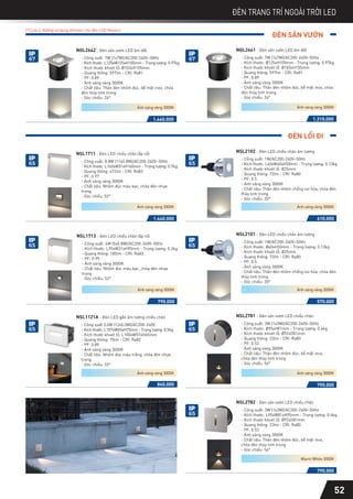 ĐÈN SÂN VƯỜN
ĐÈN LỐI ĐI
52
ĐÈN TRANG TRÍ NGOÀI TRỜI LED
(*) Lưu ý: Không sử dụng dimmer cho đèn LED Nanoco
1.310.000
NGL2641 - Đèn sân vườn LED âm đất
- Công suất: 7W (1x7W)/AC200-240V~50Hz
- Kích thước: Ø125xH105mm - Trọng lượng: 0.97kg
- Kích thước khoét lỗ: Ø103xH105mm
- Quang thông: 597lm - CRI: Ra81
- PF: 0.89
- Ánh sáng vàng 3000K
- Chất liệu: Thân đèn nhôm đúc, bề mặt inox, chóa
đèn thủy tinh trong
- Góc chiếu: 24°
Ánh sáng vàng 3000K
1.440.000
NGL2642 - Đèn sân vườn LED âm đất
- Công suất: 7W (1x7W)/AC200-240V~50Hz
- Kích thước: L125xW125xH105mm - Trọng lượng: 0.97kg
- Kích thước khoét lỗ: Ø103xH105mm
- Quang thông: 597lm - CRI: Ra81
- PF: 0.89
- Ánh sáng vàng 3000K
- Chất liệu: Thân đèn nhôm đúc, bề mặt inox, chóa
đèn thủy tinh trong
- Góc chiếu: 24°
Ánh sáng vàng 3000K
IP
67
IP
67
NSL1713 - Đèn LED chiếu chân lắp nổi
- Công suất: 4W (5x0.8W)/AC200-240V~50Hz
- Kích thước: L95xW31xH95mm - Trọng lượng: 0.3kg
- Quang thông: 185lm - CRI: Ra83
- PF: 0.99
- Ánh sáng vàng 3000K
- Chất liệu: Nhôm đúc màu bạc, chóa đèn nhựa
trong
- Góc chiếu: 52°
790.000 570.000
NSL2101 - Đèn LED chiếu chân âm tường
- Công suất: 1W/AC200-240V~50Hz
- Kích thước: Ø40xH50mm - Trọng lượng: 0.13kg
- Kích thước khoét lỗ: Ø25mm
- Quang thông: 72lm - CRI: Ra80
- PF: 0.5
- Ánh sáng vàng 3000K
- Chất liệu: Thân đèn nhôm chống oxi hóa, chóa đèn
thủy tinh trong
- Góc chiếu: 20°
NSL1121A - Đèn LED gắn âm tường chiếu chân
- Công suất 3.6W (12x0.3W)/AC200-240V
- Kích thước: L107xW65xH75mm - Trọng lượng: 0.5kg
- Kích thước khoét lỗ: L100xW57xH65mm
- Quang thông: 75lm - CRI: Ra82
- PF: 0.89
- Ánh sáng vàng 3000K
- Chất liệu: Nhôm đúc màu trắng, chóa đèn nhựa
trong
- Góc chiếu: 33°
840.000
NSL2781 - Đèn sân vườn LED chiếu chân
- Công suất: 3W (1x3W)/AC200-240V~50Hz
- Kích thước: Ø95xH81mm - Trọng lượng: 0.4kg
- Kích thước khoét lỗ: Ø92xD81mm
- Quang thông: 23lm - CRI: Ra80
- PF: 0.53
- Ánh sáng vàng 3000K
- Chất liệu: Thân đèn nhôm đúc, bề mặt inox,
chóa đèn thủy tinh trong
- Góc chiếu: 56°
790.000
NSL2782 - Đèn sân vườn LED chiếu chân
- Công suất: 3W (1x3W)/AC200-240V~50Hz
- Kích thước: L95xW81xH95mm - Trọng lượng: 0.4kg
- Kích thước khoét lỗ: Ø92xD81mm
- Quang thông: 23lm - CRI: Ra80
- PF: 0.53
- Ánh sáng vàng 3000K
- Chất liệu: Thân đèn nhôm đúc, bề mặt inox,
chóa đèn thủy tinh trong
- Góc chiếu: 56°
Warm White 3000K
790.000
Ánh sáng vàng 3000K Ánh sáng vàng 3000K
Ánh sáng vàng 3000K Ánh sáng vàng 3000K
1.440.000
NSL1711 - Đèn LED chiếu chân lắp nổi
- Công suất: 8.8W (11x0.8W)/AC200-240V~50Hz
- Kích thước: L160xW31xH160mm - Trọng lượng: 0.7kg
- Quang thông: 472lm - CRI: Ra83
- PF: 0.97
- Ánh sáng vàng 3000K
- Chất liệu: Nhôm đúc màu bạc, chóa đèn nhựa
trong
- Góc chiếu: 53°
610.000
NSL2102 - Đèn LED chiếu chân âm tường
- Công suất: 1W/AC200-240V~50Hz
- Kích thước: L40xW40xH50mm - Trọng lượng: 0.13kg
- Kích thước khoét lỗ: Ø25mm
- Quang thông: 72lm - CRI: Ra80
- PF: 0.5
- Ánh sáng vàng 3000K
- Chất liệu: Thân đèn nhôm chống oxi hóa, chóa đèn
thủy tinh trong
- Góc chiếu: 20°
Ánh sáng vàng 3000K Ánh sáng vàng 3000K
IP
65
IP
65
IP
65
IP
65
IP
65
IP
65
IP
65
 