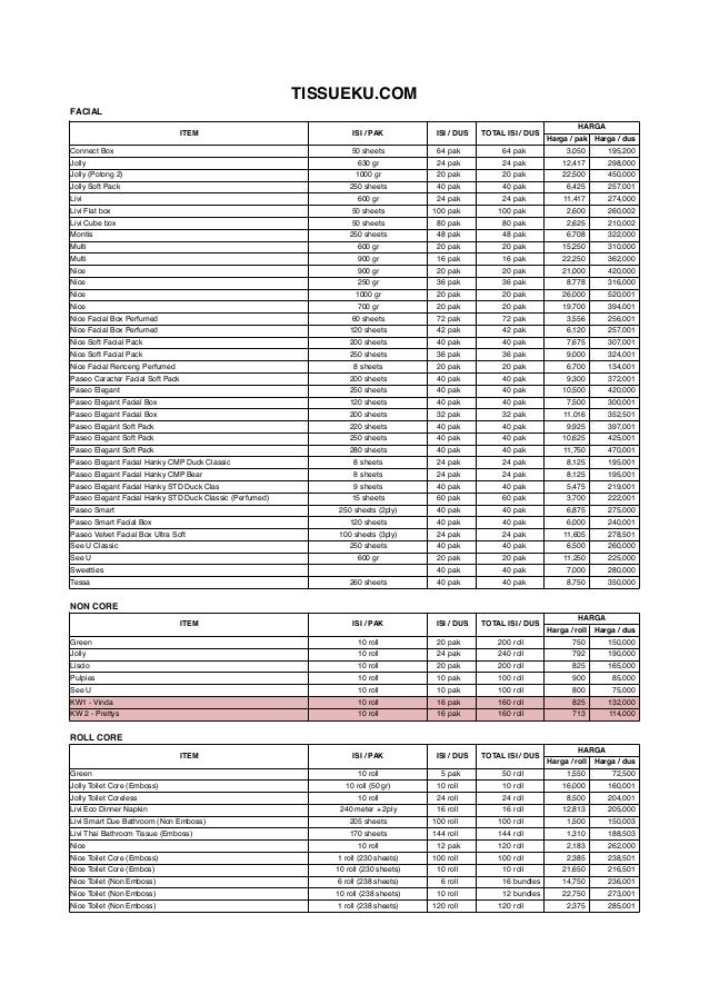 Pricelist daftar harga tissue roll napkin pocket