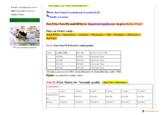 RayMing PCB - Your trusted partner !
E-m ail: inquire@raypcb.co m<>

MSN: Raypcb@ho tmail.co m
                                       Why Buy Printed Circuit Boards From RayPCB?
Skype : Raypcb
                                       Quality Assurance
Quality
                                 Test Price Now,Pls mail RFQs to Inquire@raypcb.com to get a Better Price!

                                 Place an Order easily :
                                 Send RFQs -- Quotation -- confirm -- Payments -- EQ -- Produce -- Delivery --
                                 ReOrder

                                 Part I : Fast Turn PCB Deal for small quantity .
 PTH pre-scrubbing machine

                                 Layer      S≤100     CM2       S≤0 .1M2    Delivery Time S<1M2

                                 2          10 0 USD            150 USD     3 Business Days

                                 4          20 0 USD            30 0 USD    5 Business Days

                                 6          350 USD             450 USD     6 Business Days

                                 8          50 0 USD            6 0 0 USD   7 Business Days

                                 All surface process for FR4,1.6mm,Mini hole>0.25mm,Mini line width >5Mil .
                                 Paypal is accepted for sample orders


                                 Part II :Price Matrix for Normally quality (Just for reference )
                                 1: Le ss t han 1 ㎡

                                 　               1 Layer    2 Layers        4Layers           6 Layers    8 Layers     10 Layers

                                 Engineer/Test
                                                 USD8 0     USD10 0         220 USD           350 USD     50 0 USD     70 0 USD
                                 fee

                                 Bo ards         125USD/㎡   170 USD/㎡       250 USD/㎡         40 5USD/㎡   6 50 USD/㎡   9 30 USD/㎡

                                 　               　          　               　                 　           　            　


                                                                                                                                   PDFmyURL.com
 