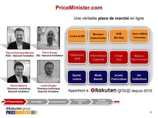 PriceMinister.com
Une véritable place de marché en ligne

Livres & BD

Olivier Mathiot
Directeur marketing
Associé fondateur

Présentation

Justin Ziegler
Directeur technique
Associé fondateur

Avantages

Empowerment

DVD
Blu-Ray

Jeux vidéos
Consoles

Téléphonie
GPS

Informatique
Logiciels

Image
Son

Electroménager

Sports
Loisirs

Pierre Krings
Pierre Kosciuko-Morizet
PDG – Associé fondateur DG - Associé fondateur

Musique
Instruments

Mode
Beauté

Jouets
Puériculture

Art
Collections

Appartient à
Campagnes
360°

Maison

depuis 2010
Modèle
économique

2

 