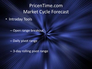 PricenTime.com
Market Cycle Forecast
• Intraday Tools
– Open range breakout
– Daily pivot range
– 3-day rolling pivot range
 