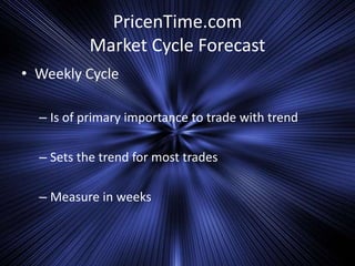 PricenTime.com
Market Cycle Forecast
• Weekly Cycle
– Is of primary importance to trade with trend
– Sets the trend for most trades
– Measure in weeks
 