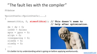 “The fault lies with the compiler”
It is better to try understanding what is going on before applying workarounds.
Ffdshow...