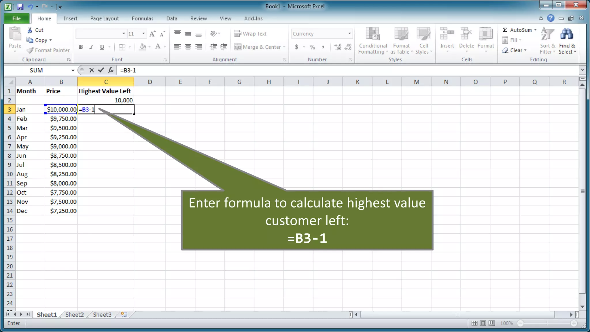 Enter formula to calculate highest value customer left:
=B3-1