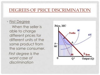 DEGREES OF PRICE DISCRIMINATION

• First Degree
     When the seller is
  able to charge
  different prices for
  different units of the
  same product from
  the same consumer.
  First degree is the
  worst case of
  discrimination
 