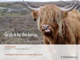 Grabitbythehorns.
Solve your next challenge with fast results
from a proven freelance professional.
c
Paul Richardson
612.281.3134 | RichardsonPaul@comcast.net
Marketing and sales solutions for brands ready to grow.
© P. Richardson LLC 2019
 