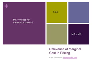 Relevance of Marginal Cost In Pricing Rags Srinivasan, IterativePath.com Free MC = 0 does not mean your price =0 MC = MR 