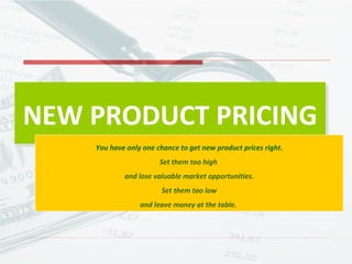 NEW PRODUCT PRICING You have only one chance to get new product prices right. Set them too high  and lose valuable market opportunities. Set them too low and leave money at the table.  
