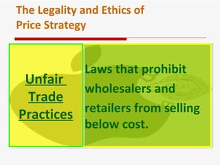The Legality and Ethics of Price Strategy Laws that prohibit  wholesalers and  retailers from selling  below cost. Unfair  Trade Practices 