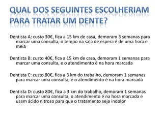 Qual dos seguintes escolheriam para tratar um dente?Dentista A: custo 30€, fica a 15 km de casa, demoram 3 semanas para marcar uma consulta, o tempo na sala de espera é de uma hora e meiaDentista B: custo 40€, fica a 15 km de casa, demoram 1 semanas para marcar uma consulta, e o atendimento é na hora marcadaDentista C: custo 80€, fica a 3 km do trabalho, demoram 1 semanas para marcar uma consulta, e o atendimento é na hora marcadaDentista D: custo 80€, fica a 3 km do trabalho, demoram 1 semanas para marcar uma consulta, o atendimento é na hora marcada e usam ácido nitroso para que o tratamento seja indolor
