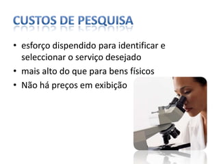 custos de pesquisaesforço dispendido para identificar e seleccionar o serviço desejadomais alto do que para bens físicosNão há preços em exibição