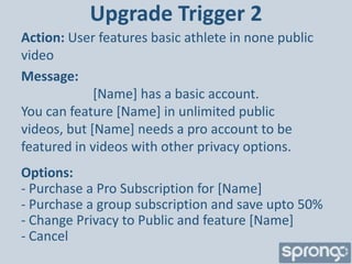 Upgrade Trigger 2
Action: User features basic athlete in none public
video
Message:
             [Name] has a basic account.
You can feature [Name] in unlimited public
videos, but [Name] needs a pro account to be
featured in videos with other privacy options.
Options:
- Purchase a Pro Subscription for [Name]
- Purchase a group subscription and save upto 50%
- Change Privacy to Public and feature [Name]
- Cancel
 
