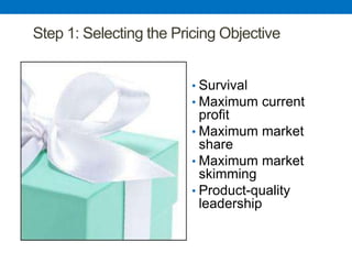 Copyright © 2009 Dorling Kindersley (India) Pvt. Ltd. 14-12
Step 1: Selecting the Pricing Objective
• Survival
• Maximum current
profit
• Maximum market
share
• Maximum market
skimming
• Product-quality
leadership
 