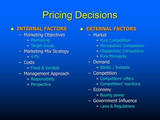 Pricing Decisions
 INTERNAL FACTORS
– Marketing Objectives
» Positioning
» Target Group
– Marketing Mix Strategy
» 4 P’s
– Costs
» Fixed & Variable
– Management Approach
» Responsibility
» Perspective
 EXTERNAL FACTORS
– Market
» Pure Competition
» Monopolistic Competition
» Oligopolistic Competition
» Pure Monopoly
– Demand
» Elastic / Inelastic
– Competition
» Competitors’ offers
» Competitiors’ reactions
– Economy
» Buying power
– Government Influence
» Laws & Regulations
 