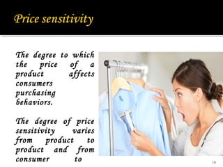 The degree to which
the
price
of
a
product
affects
consumers
purchasing
behaviors.
The degree of price
sensitivity
varies
from
product
to
product and from
consumer
to

10

 