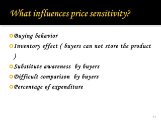Buying behavior
Inventory effect ( buyers can not store the product
)
Substitute awareness by buyers
Difficult comparison by buyers
Percentage of expenditure
11
 