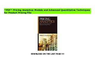 DOWNLOAD ON THE LAST PAGE !!!!
^PDF^ Pricing Analytics: Models and Advanced Quantitative Techniques for Product Pricing books The theme of this book is simple. The price, the number someone puts on a product to help consumers decide to buy that product, comes from data. Specifically, it comes from statistically modeling the data.This book gives the reader the statistical modeling tools needed to get the number to put on a product. But statistical modeling is not done in a vacuum. Economic and statistical principles and theory conjointly provide the background and framework for the models. Therefore, this book emphasizes two interlocking components of modeling: economic theory and statistical principles.The economic theory component is sufficient to provide understanding of basic principles for pricing, especially about elasticities which measure the effects of pricing on key business metrics. Elasticity estimation is the goal of the statistical modeling so attention is paid to the concept and implications of elasticities.The statistical modeling component is advanced and detailed covering choice (conjoint, discrete choice, MaxDiff) and sales data modeling. Experimental design principles, model estimation approaches, and analysis methods are discussed and developed for choice models. Regression fundamentals have been developed for sales model specification and estimation and expanded for latent class analysis.
^PDF^ Pricing Analytics: Models and Advanced Quantitative Techniques
for Product Pricing File
 