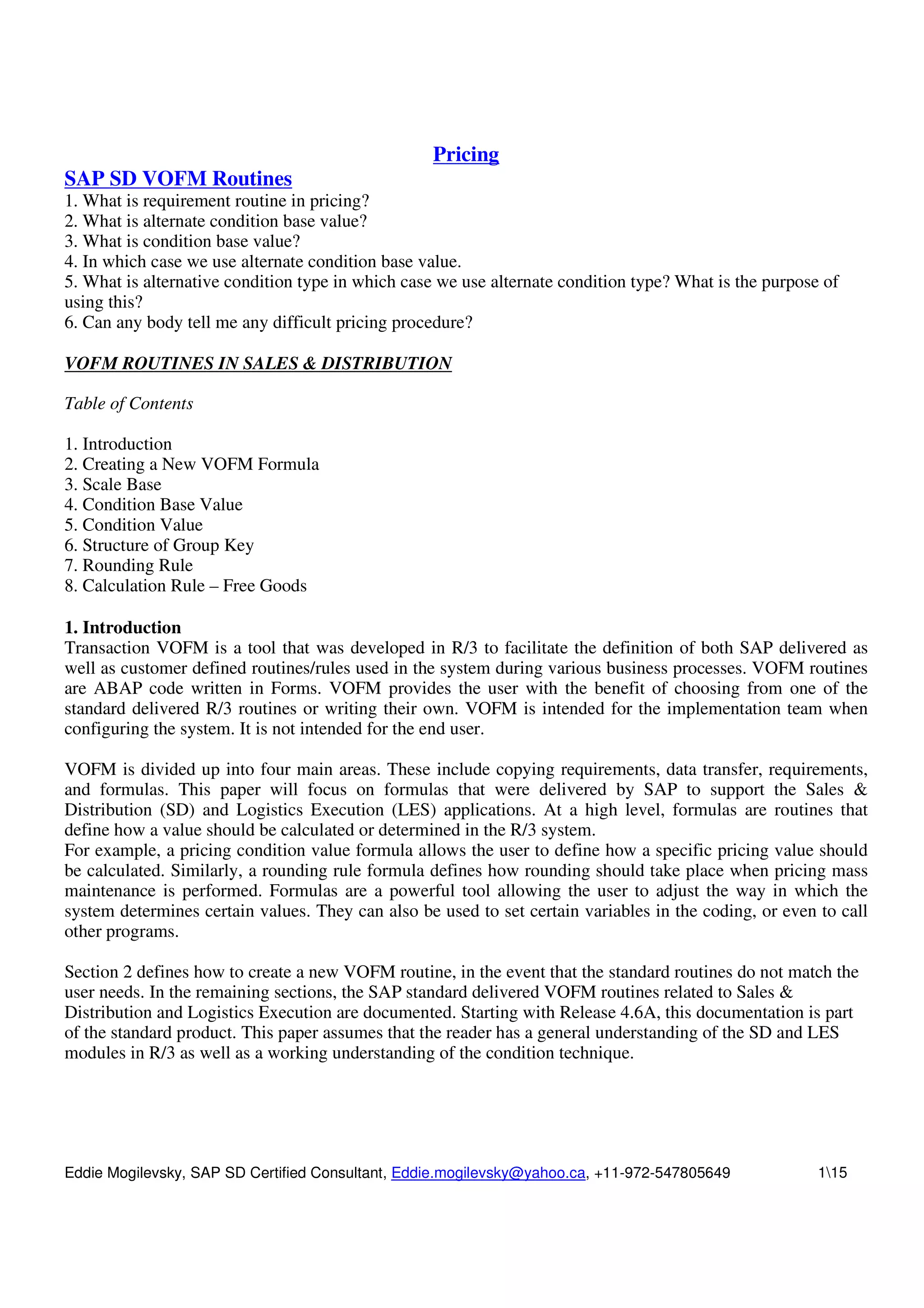 Pricing Routine In Vofm