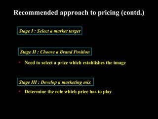 Recommended approach to pricing (contd.)
Stage I : Select a market target

Stage II : Choose a Brand Position
• Need to select a price which establishes the image

Stage III : Develop a marketing mix
• Determine the role which price has to play

 