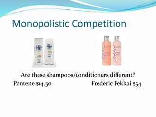 Monopolistic Competition
Are these shampoos/conditioners different?
Pantene $14.50 Frederic Fekkai $54
 
