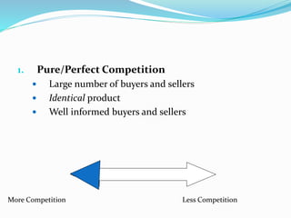 1. Pure/Perfect Competition
 Large number of buyers and sellers
 Identical product
 Well informed buyers and sellers
More Competition Less Competition
 
